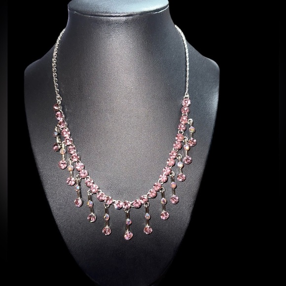Silver Pink Rhinestone Necklace with flare - Picture 1 of 5